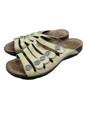 Dansko Janie Leather Sandals Size 38 7.5-8 Beige Slides Cork Adjustable Comfort